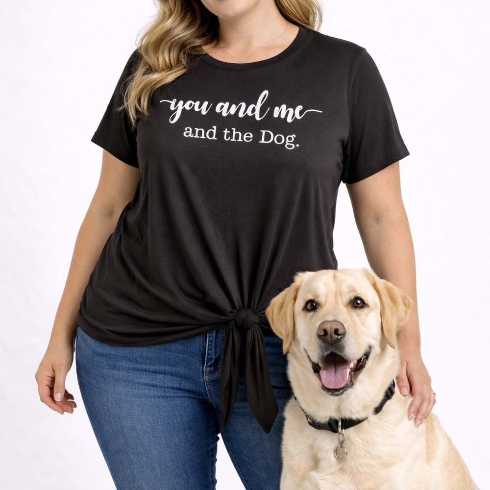 You And Me And The Dog Graphic Tshirt Womens‎ XXL Black Tie Front Short Sleeve T